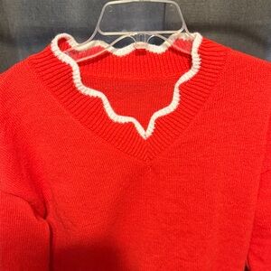 Chic V-Neck Sweater in Red with White Trim